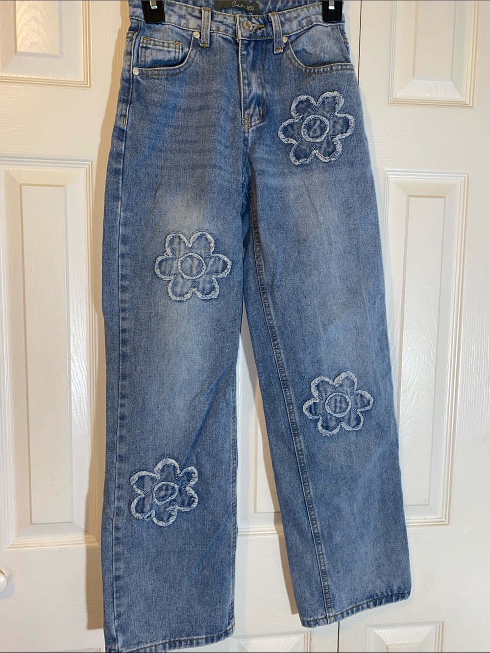 Women's Light Blue Straight-Leg Jeans with Floral Embroidered Appliqués